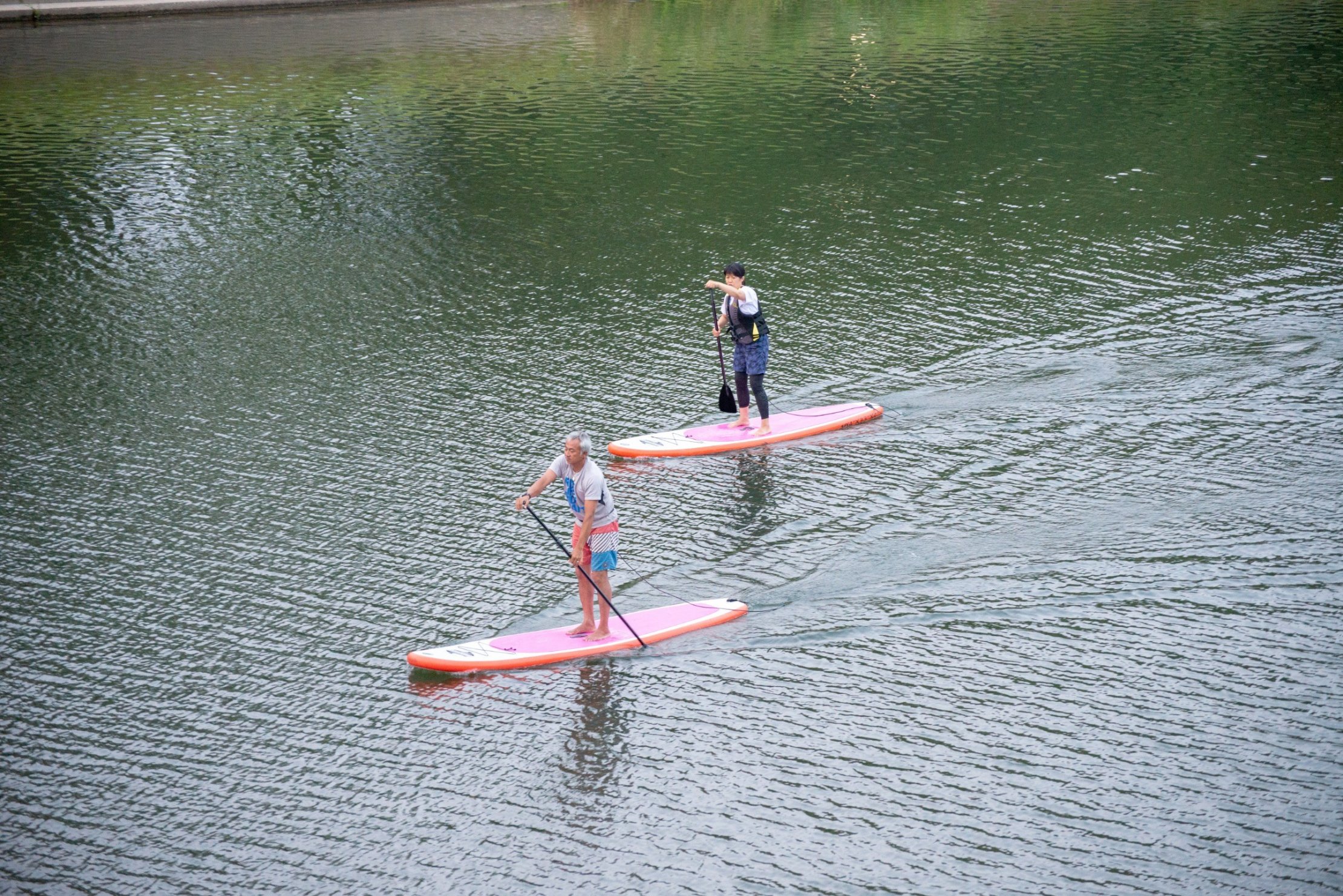 乙川でSUPを楽しむ人々
