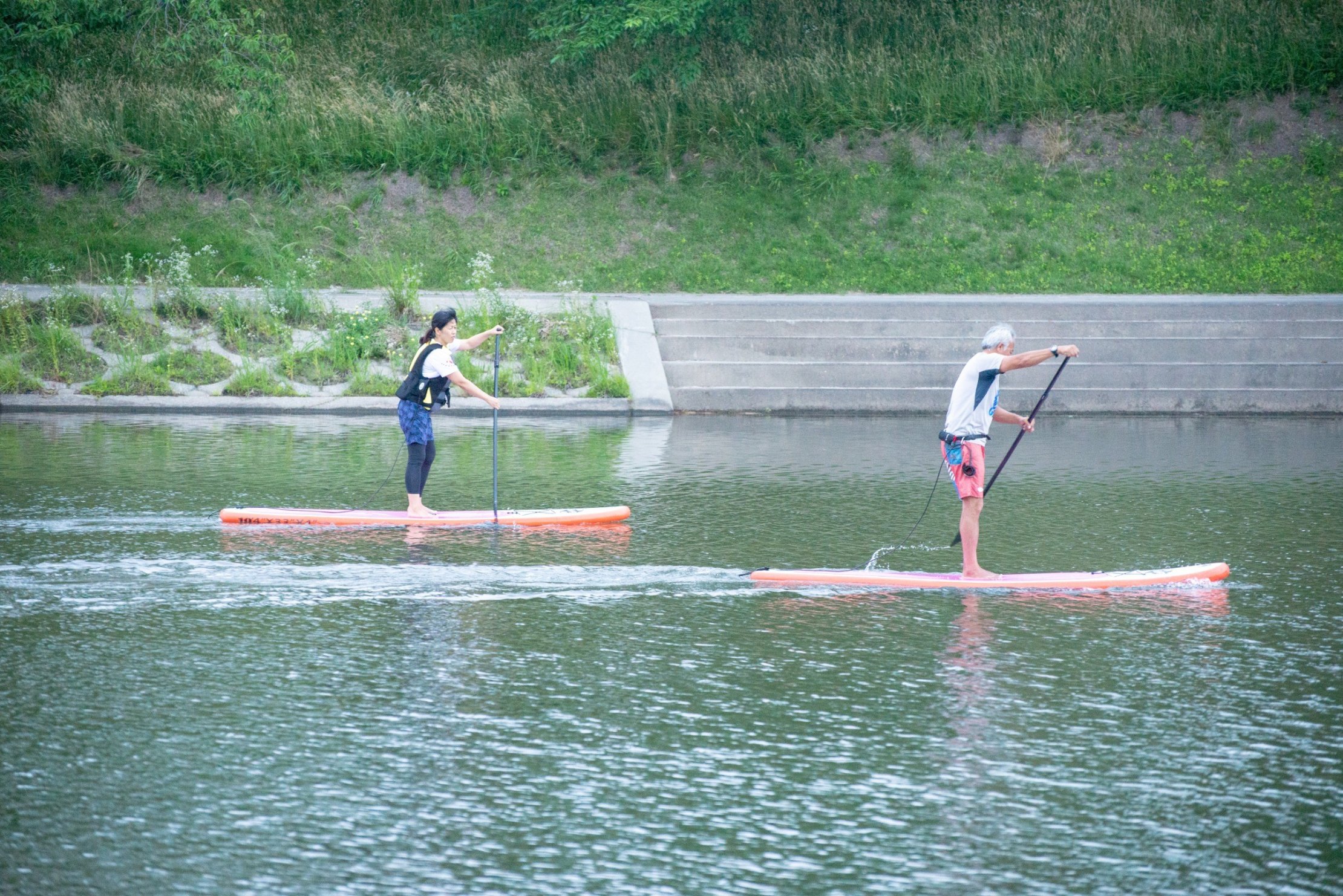 乙川でSUPを楽しむ人々