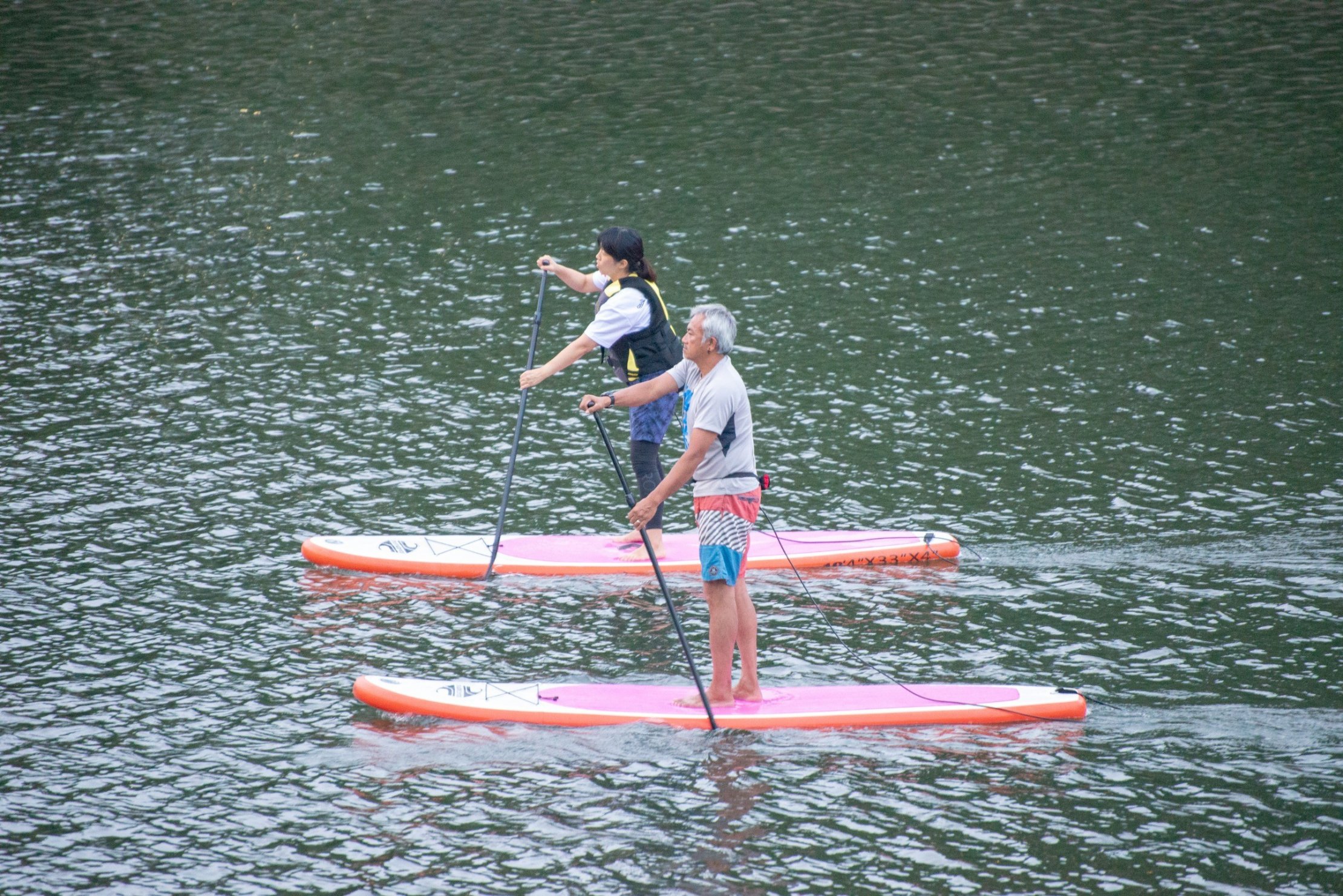 乙川でSUPを楽しむ人々